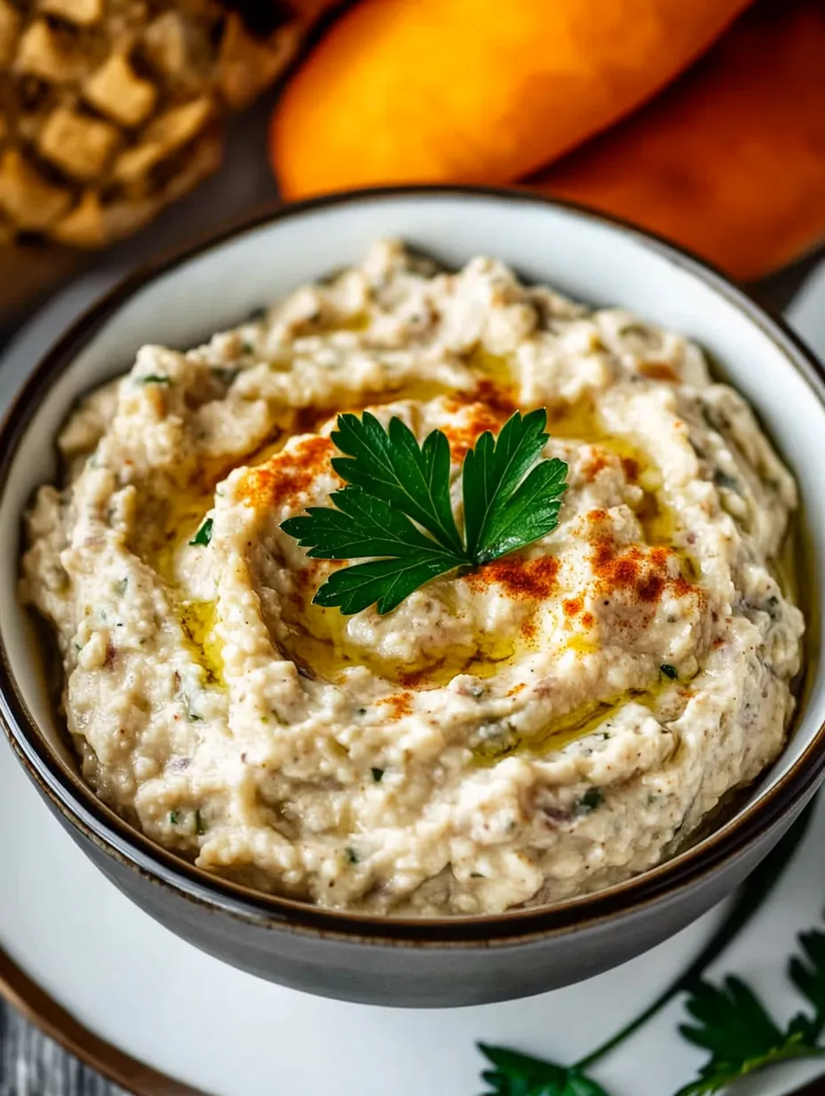 Eine Schüssel Hummus mit einem grünen Kraut obendrauf.