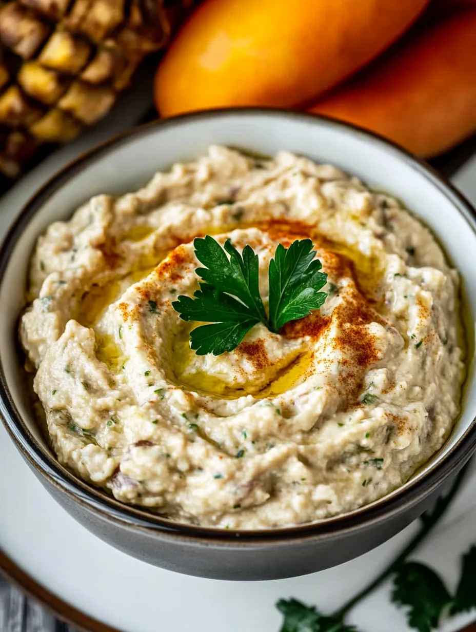 Eine Schüssel Hummus mit einem grünen Kraut obendrauf.