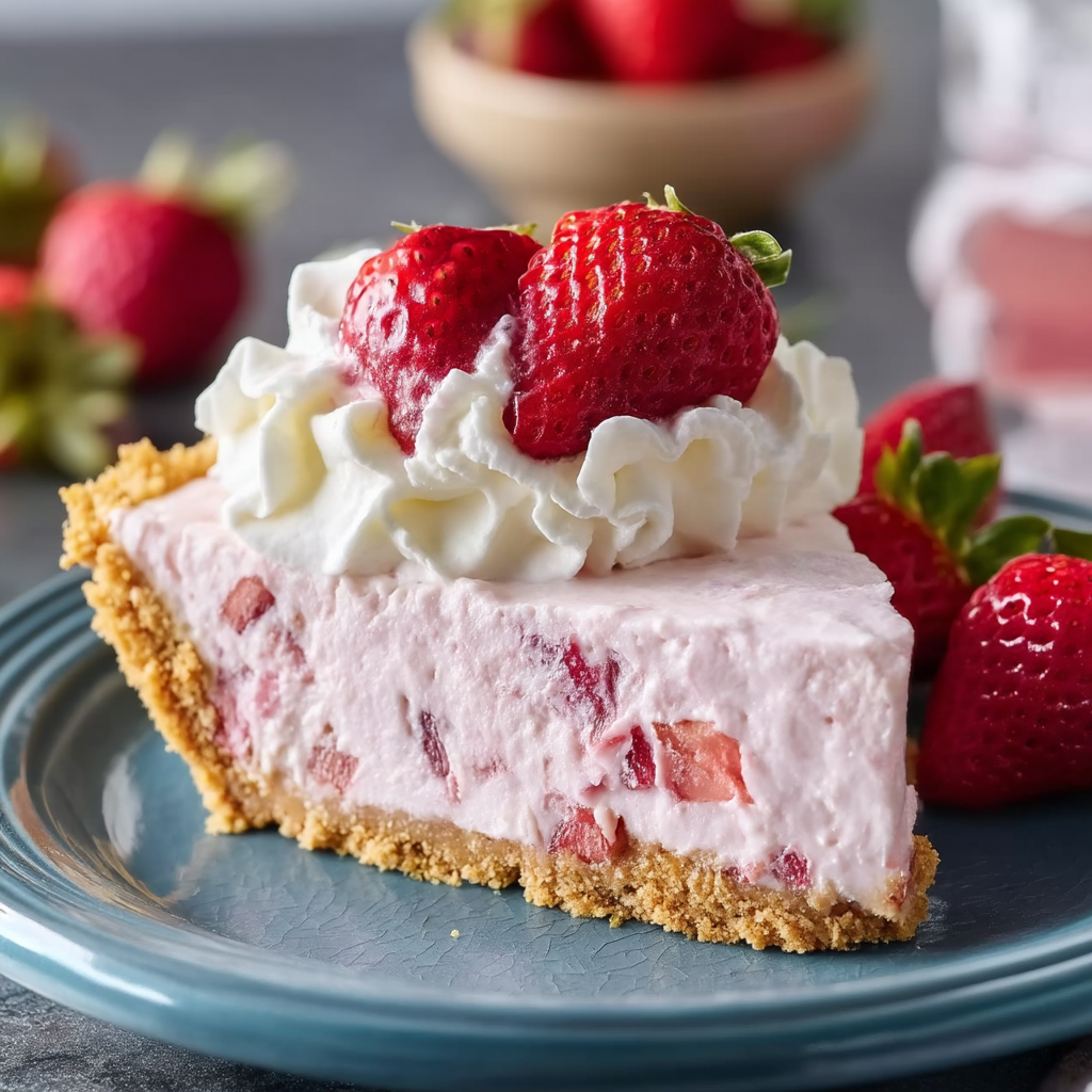 Ein Stück cremiges Erdbeerdessert mit Sahne gekrönt.