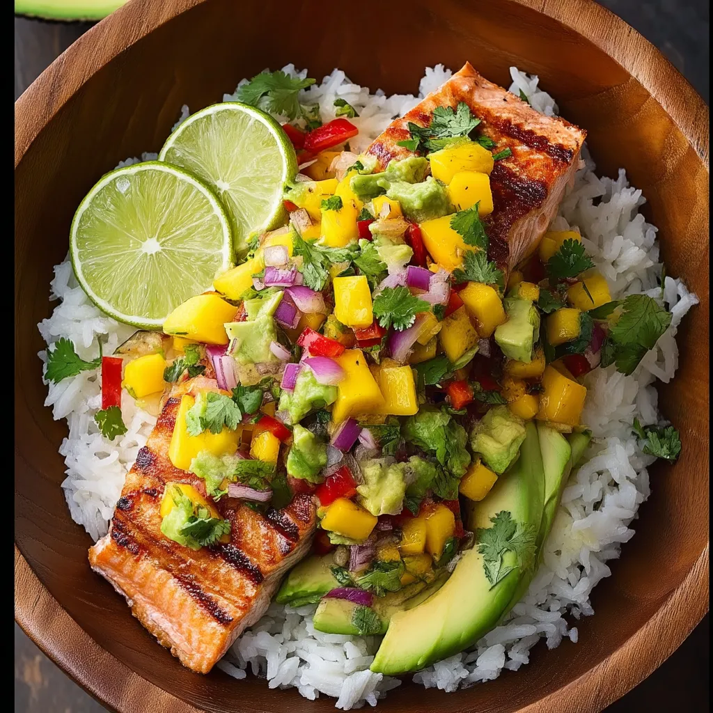 Ein Teller mit Fisch, Reis und bunten Toppings.