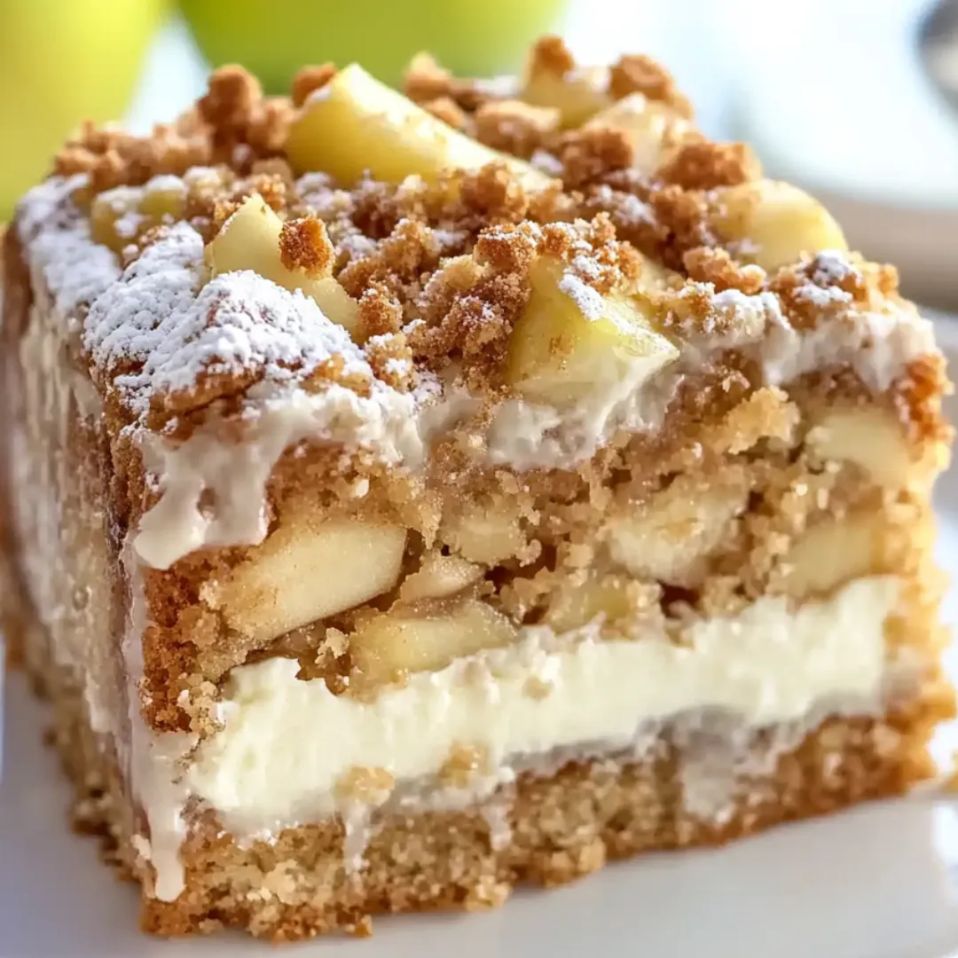 Ein Stück saftiger Apfelkuchen mit weißer Glasur und frischen Apfelscheiben garniert.
