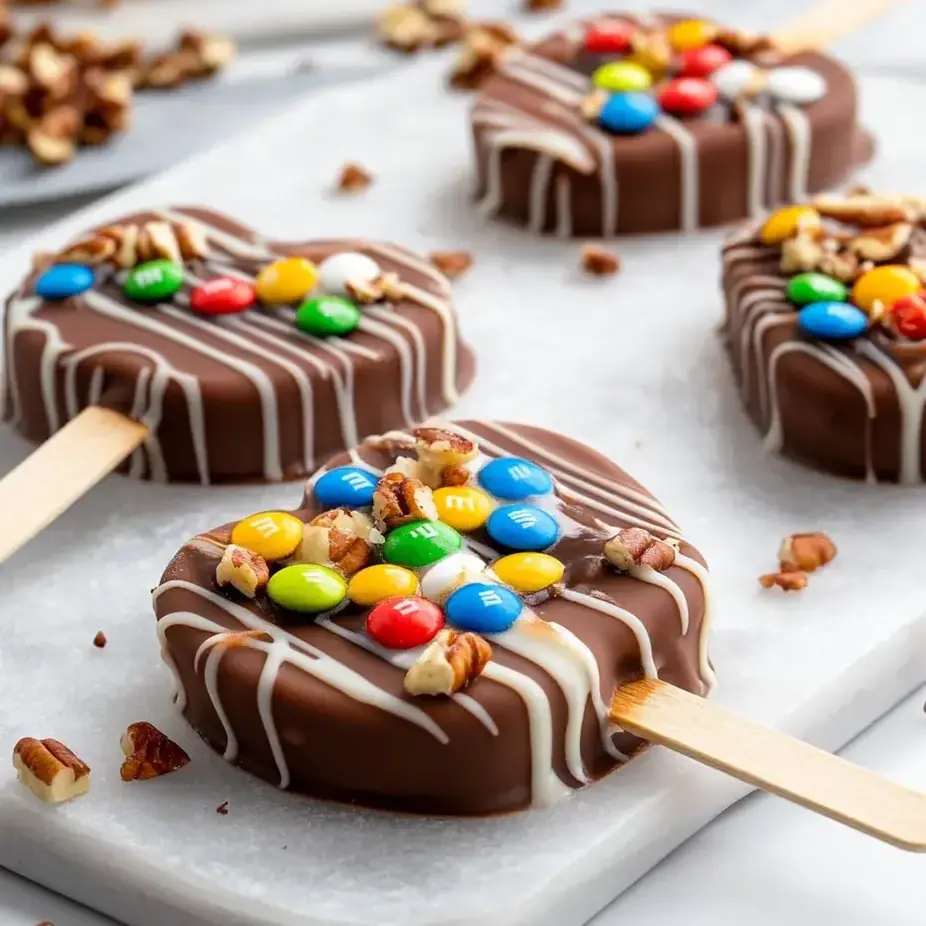 Ein Schokoladenkuchen mit M&Ms und Nüssen darauf.