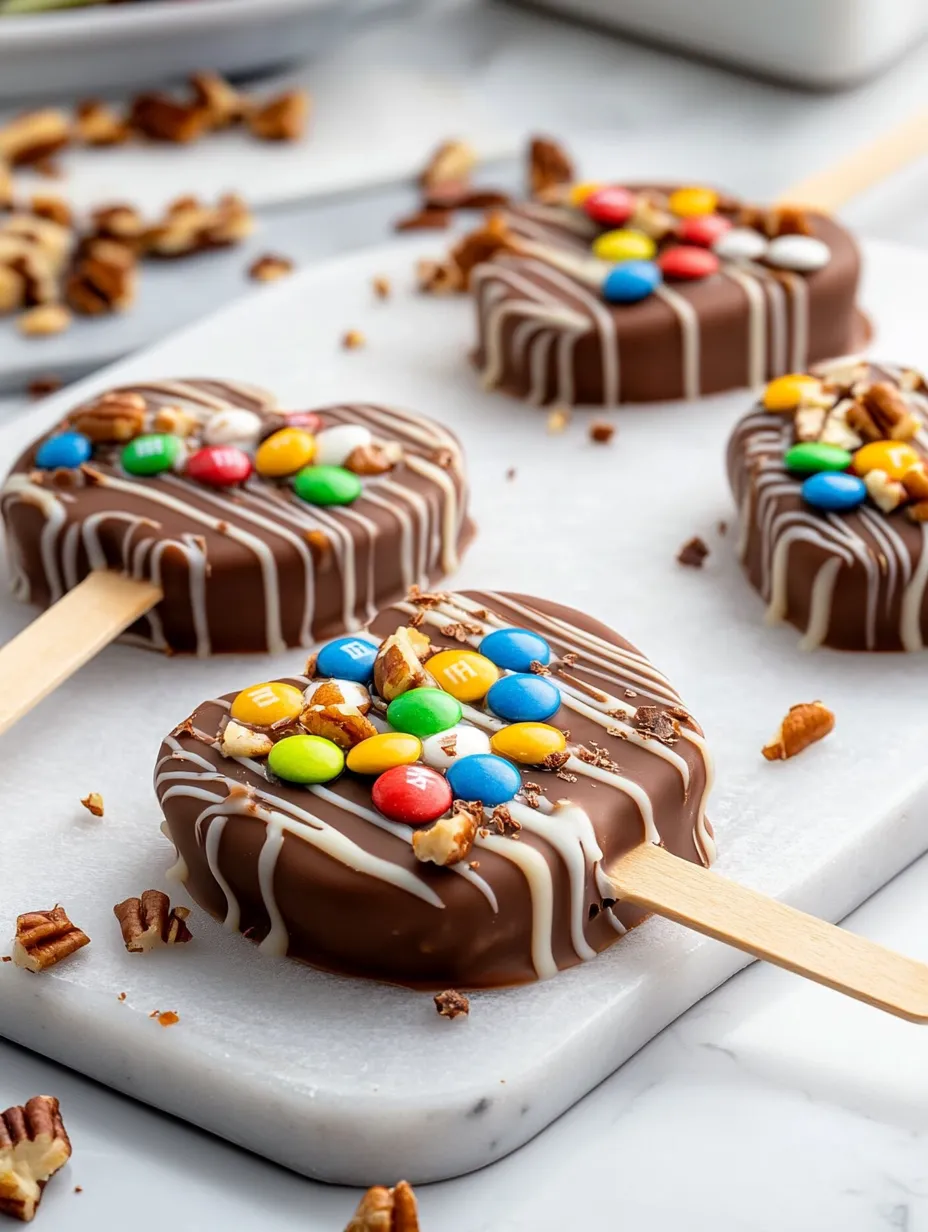 Ein Schokoladenkuchen mit M&M's am Stiel.