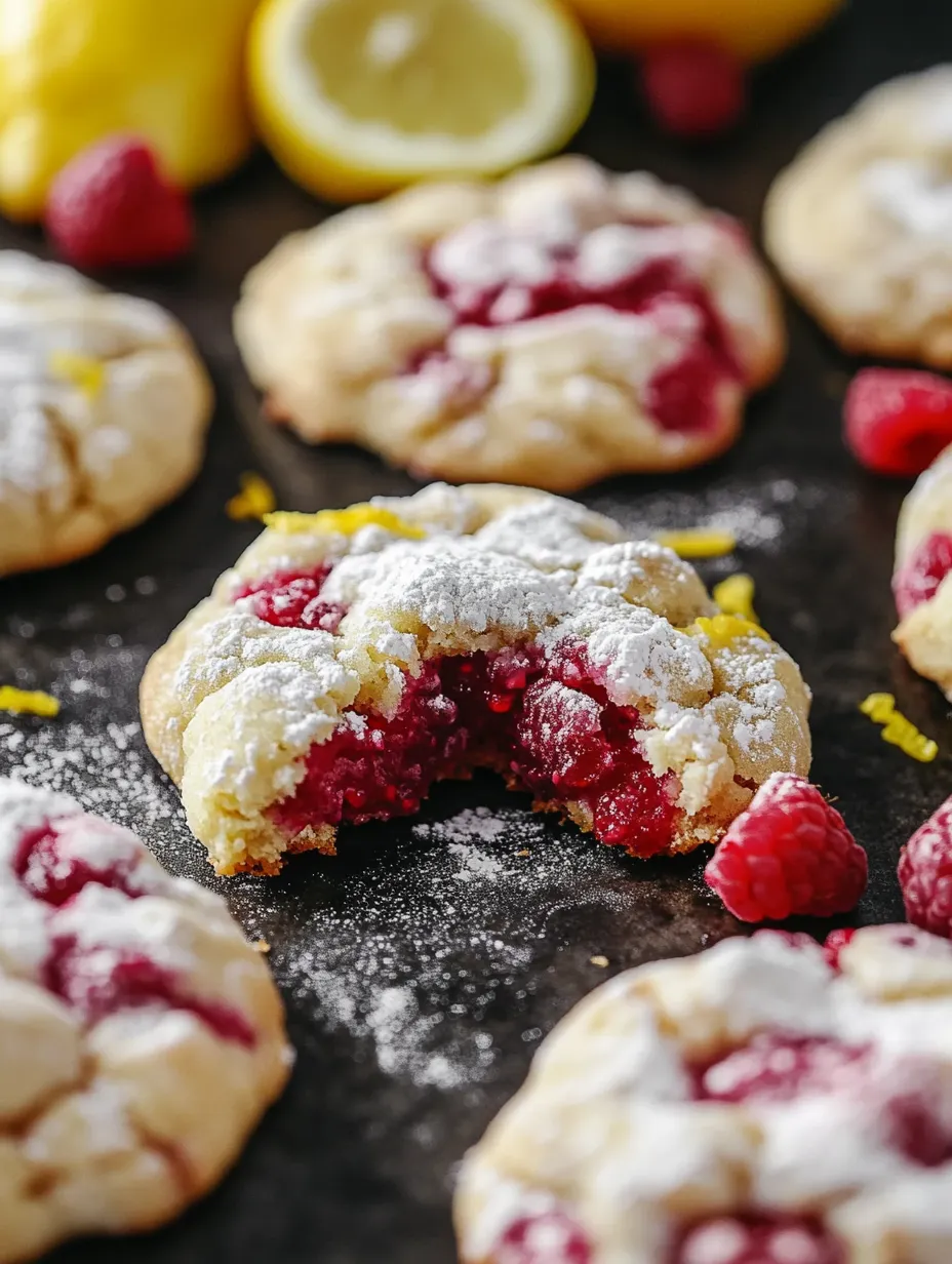 A cookie with white powder and a red raspberry in the middle.