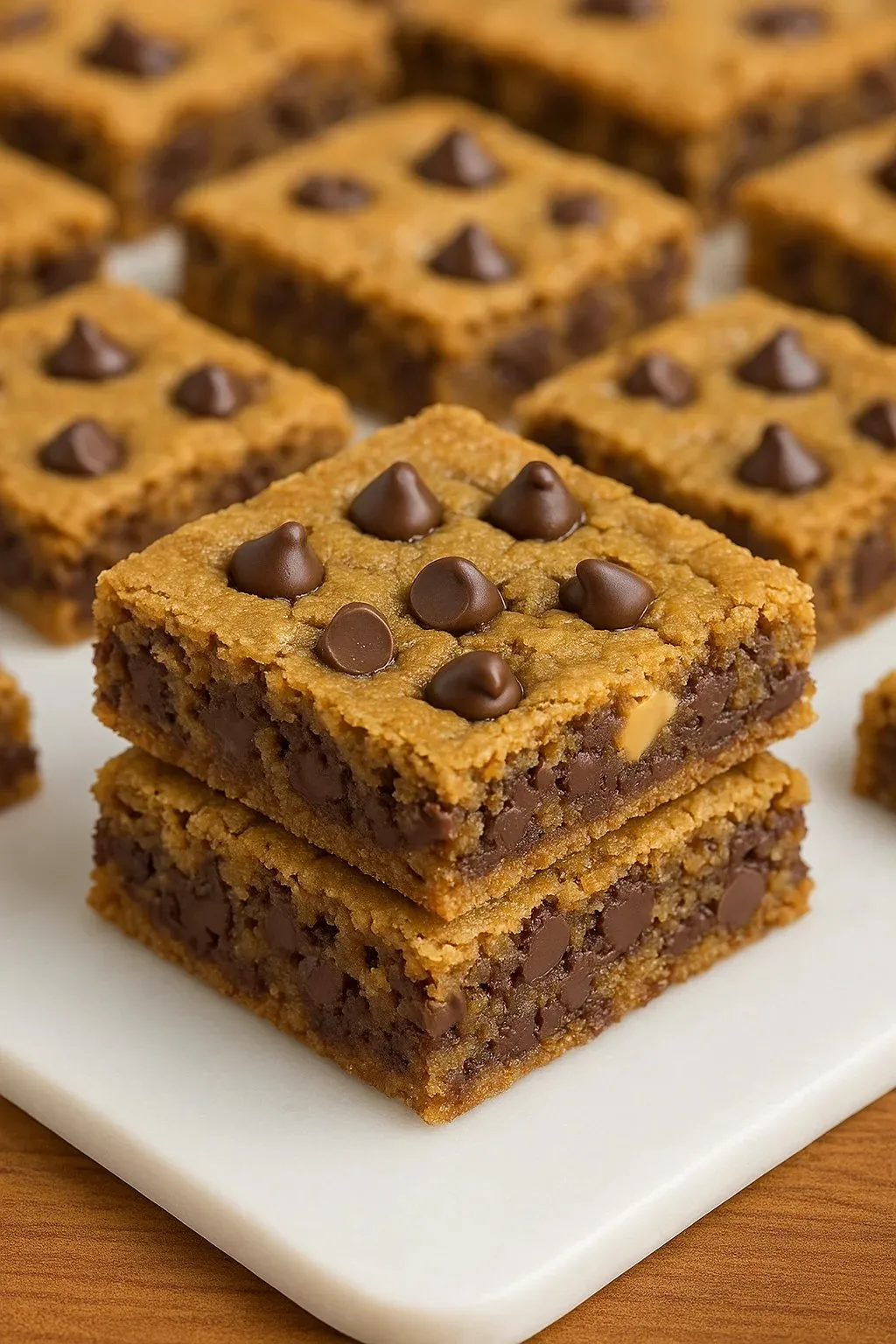 Ein Quadrat Schokoladenkuchen mit Schokoladendrops.