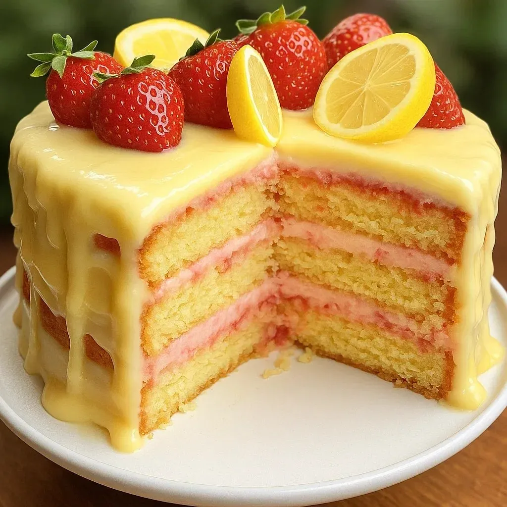Ein Stück Kuchen mit Erdbeeren und Zitrone.