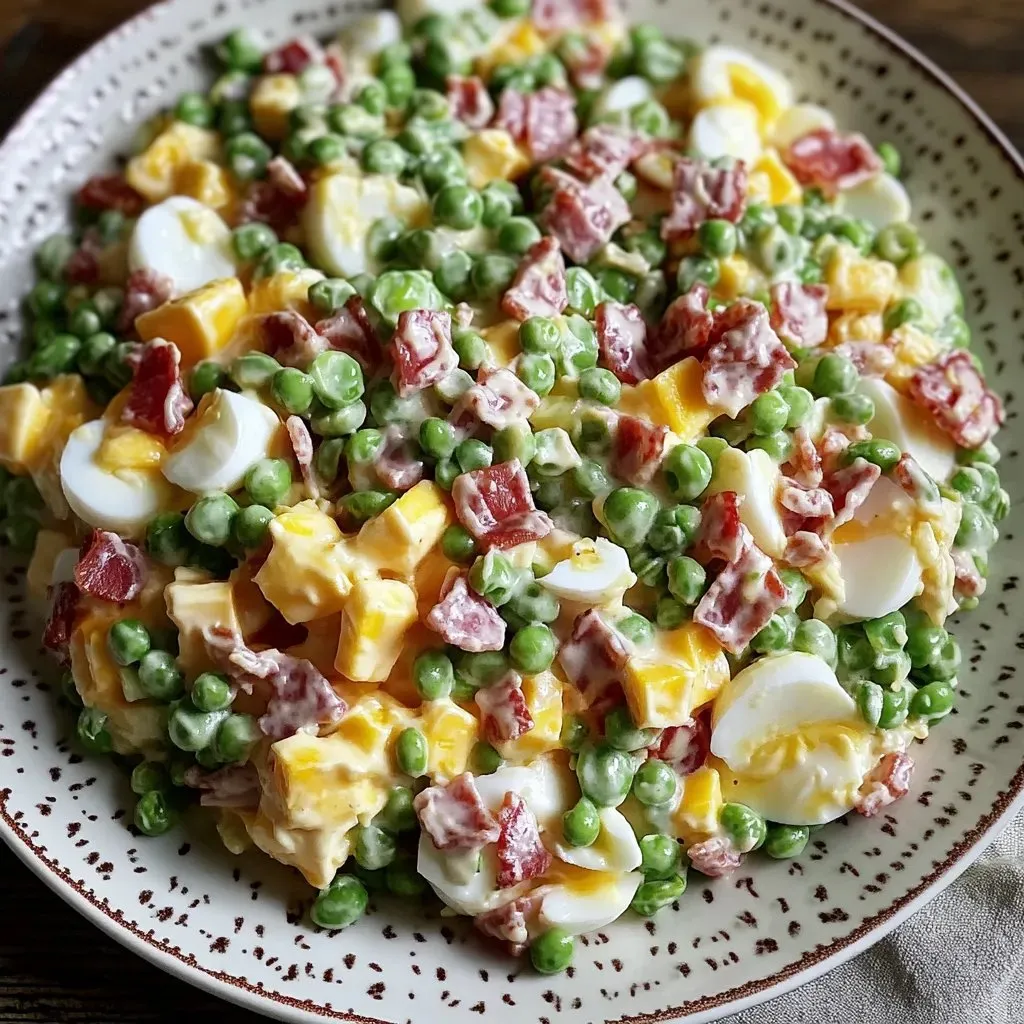 Ein Teller mit Essen, das Eier, Erbsen und Schinken enthält.
