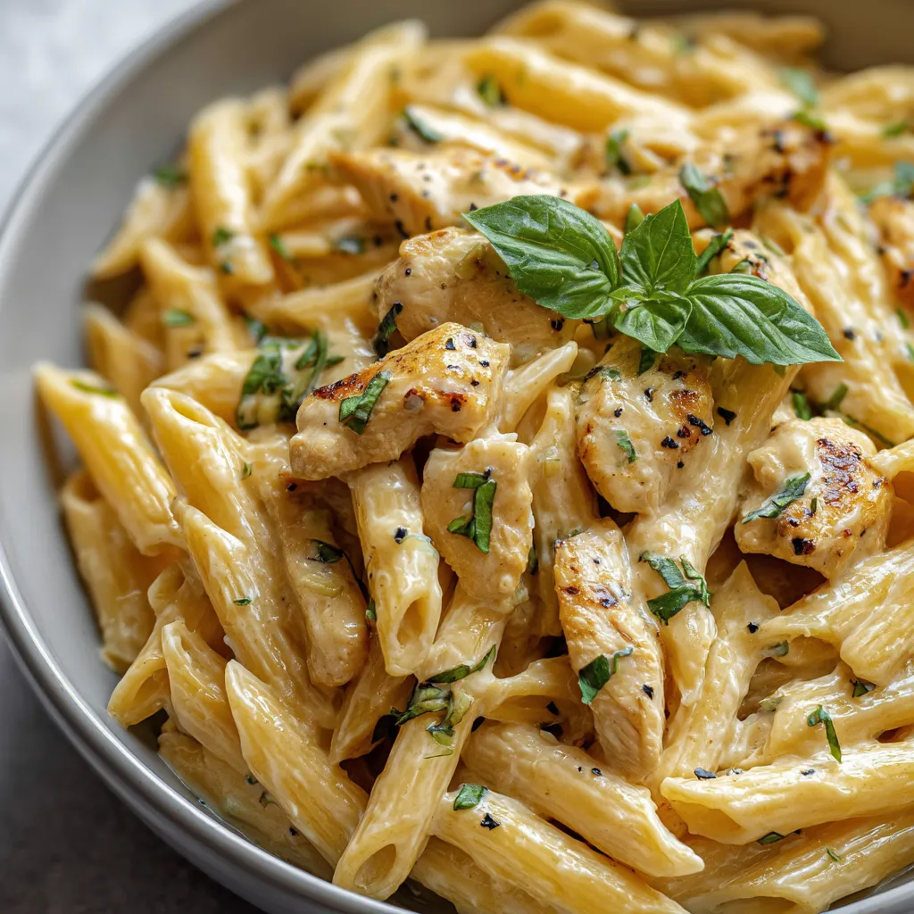 Eine Schüssel Pasta mit Huhn und Kräutern.