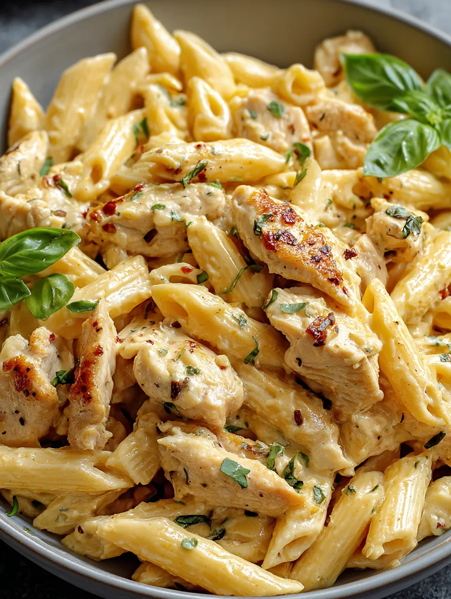 Eine Schüssel leckere Pasta mit Hähnchen und Kräutern.
