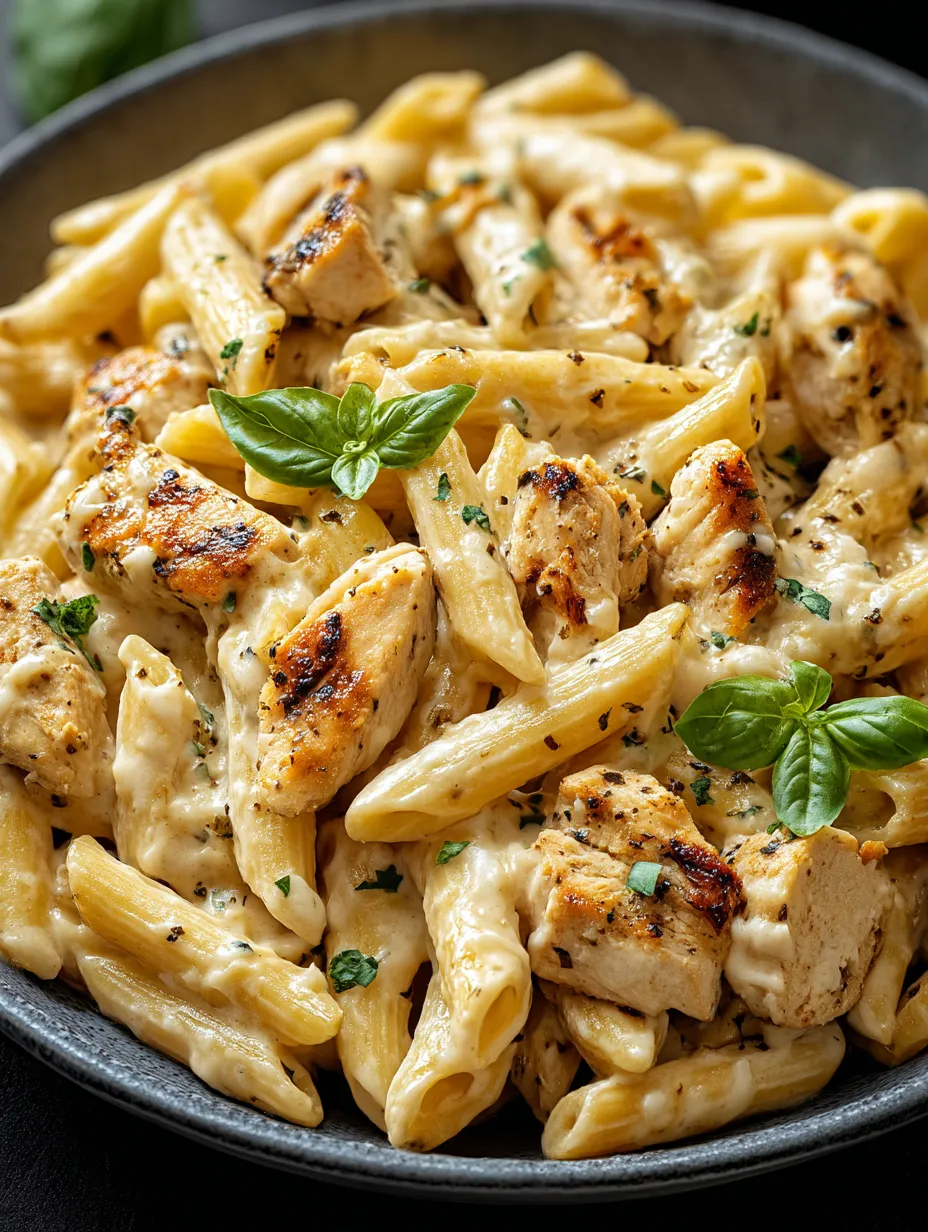 Eine Schüssel köstliche Pasta mit Hähnchen und Kräutern.