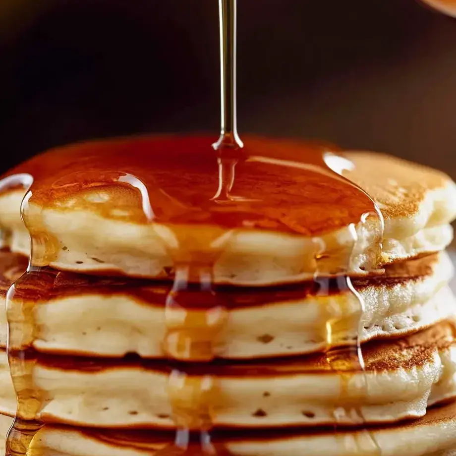 Sirup tropft von einem Stapel Pfannkuchen.