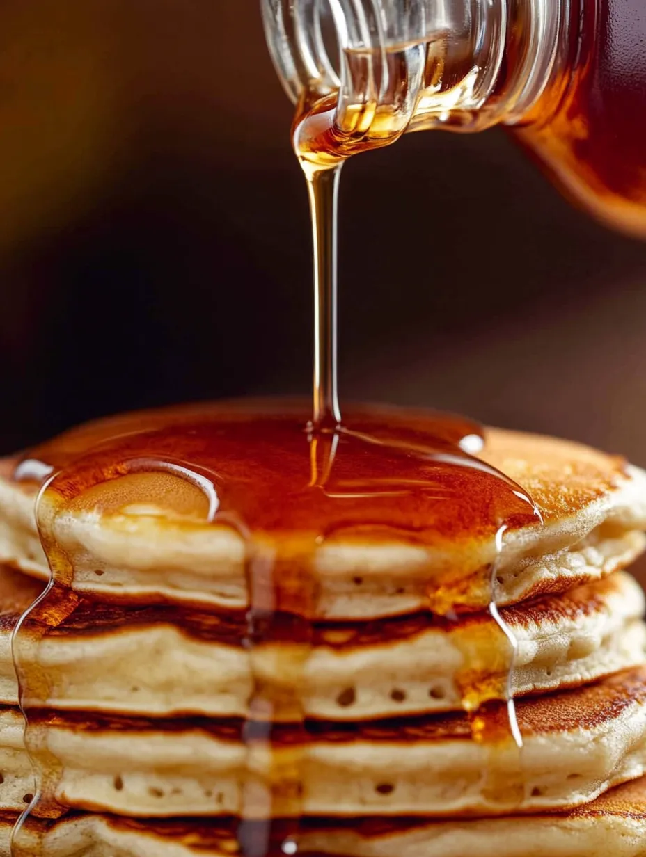 Sirup tropft von einem Stapel Pfannkuchen.