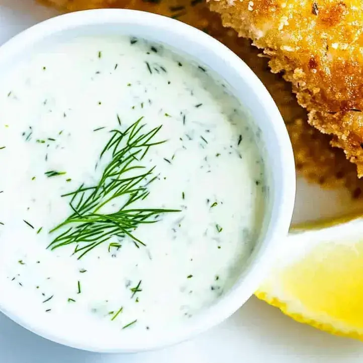 Eine Schüssel Sauce mit einem grünen Kraut darin.