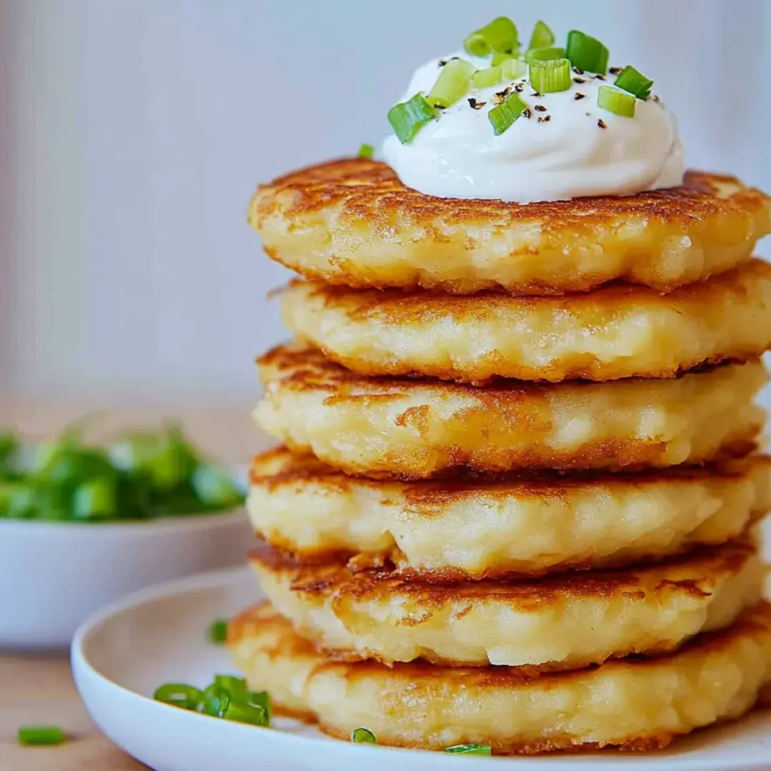 Ein Stapel Puffer mit weißer Sauce obendrauf.
