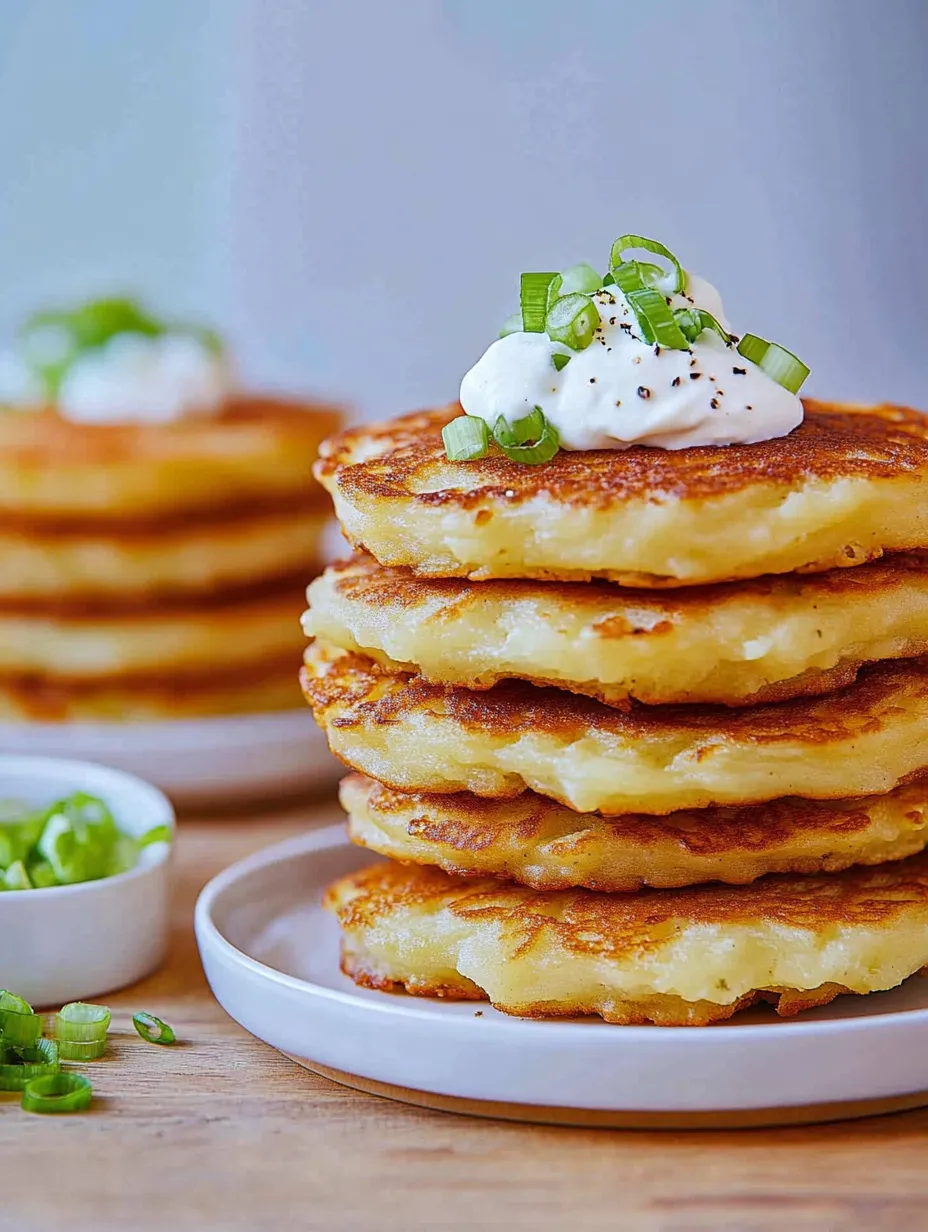 Ein Stapel Pfannkuchen mit weißer Sauce obendrauf.