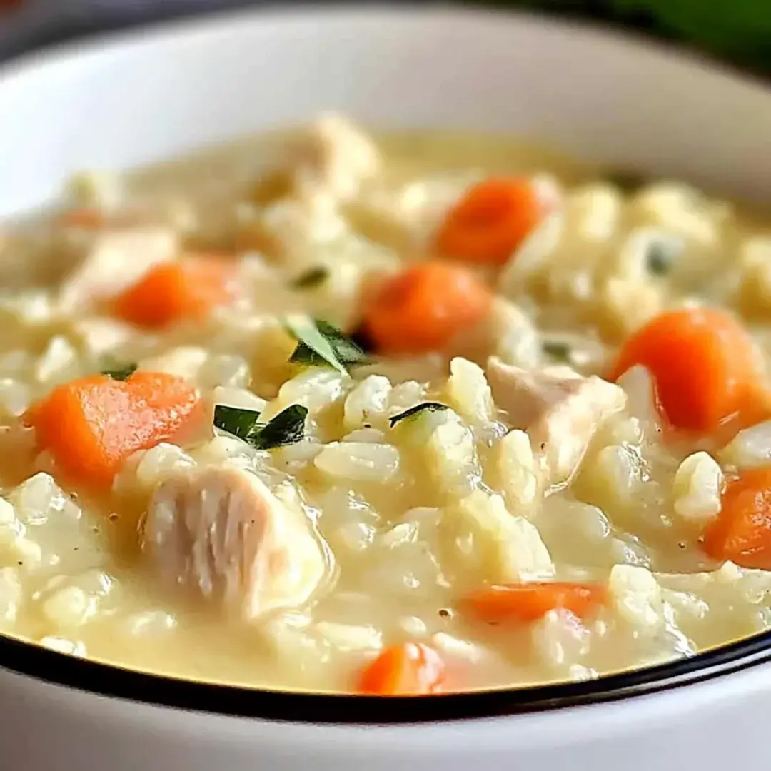 Eine Schüssel Suppe mit Karotten und Reis.