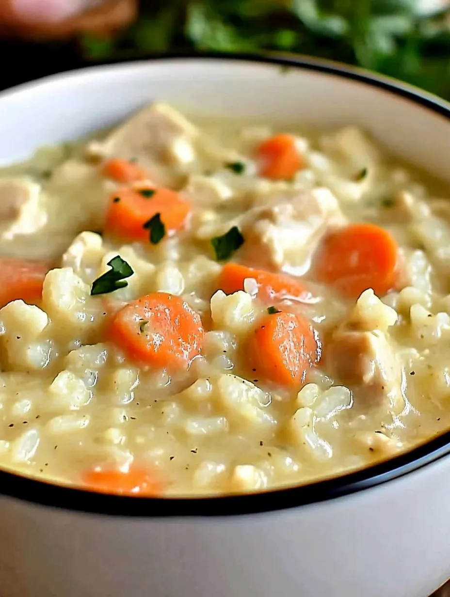 Eine Schüssel Suppe mit Möhren und Reis.