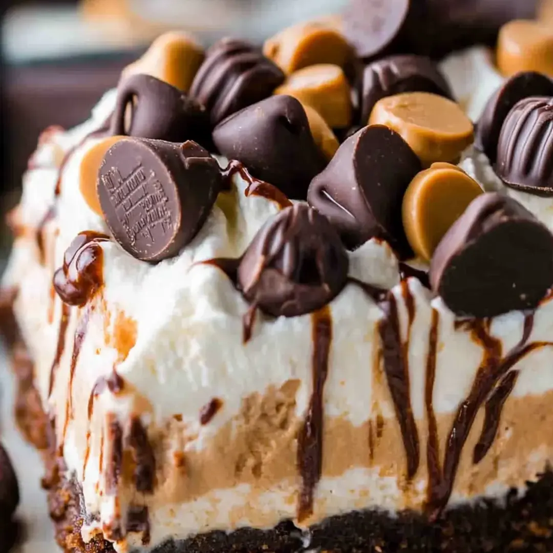 Ein Stück Kuchen mit Schokoladen- und Erdnussbutter-Toppings.