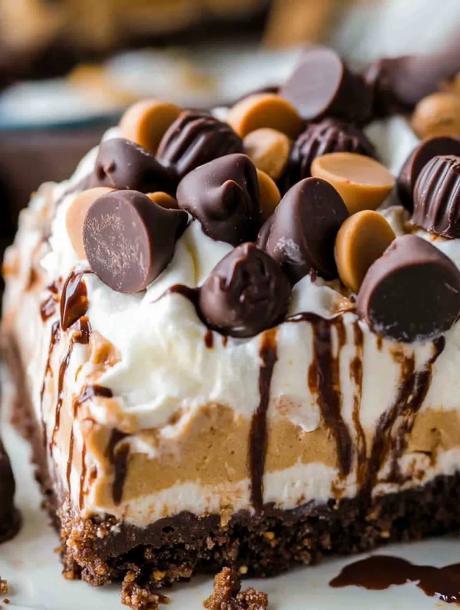Ein Stück Kuchen mit Schokoladen- und Erdnussbuttertopping.