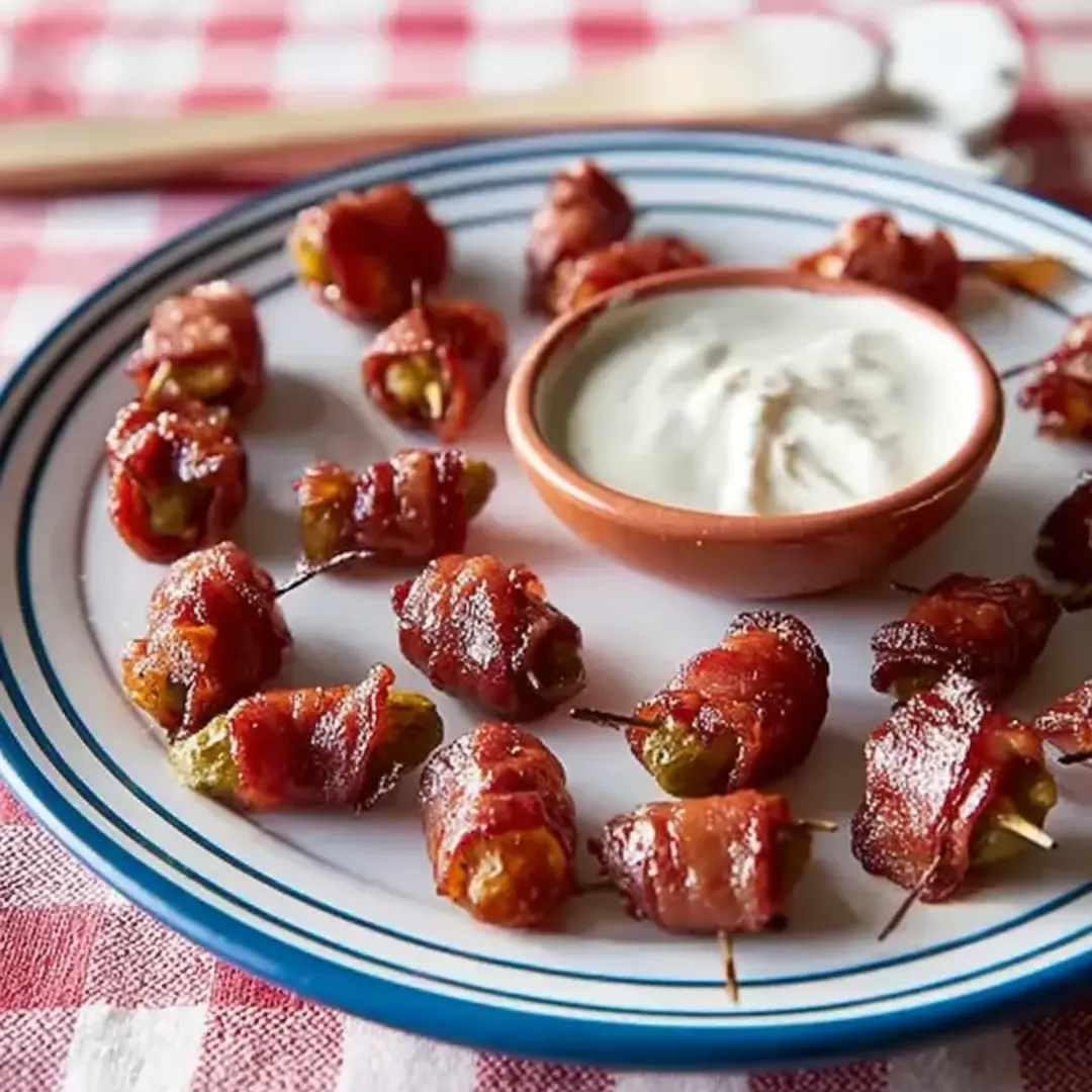 Ein Teller mit Speck-umwickelten Häppchen und einer Schüssel Dip-Soße.