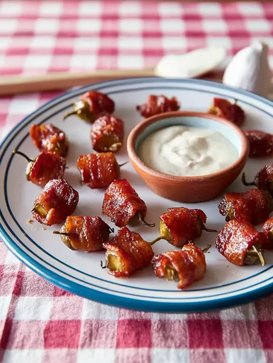 Ein Teller mit in Speck gewickelten Paprika und einer Schüssel Dip-Sauce.