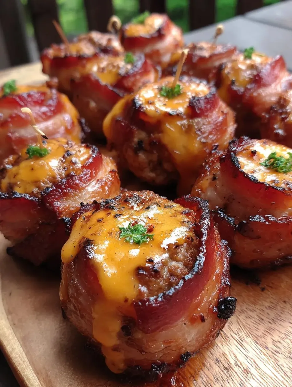 Bacon wrapped meatballs on a wooden table.