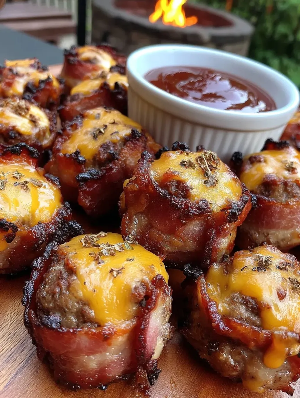 Bacon wrapped appetizers with a dipping sauce.