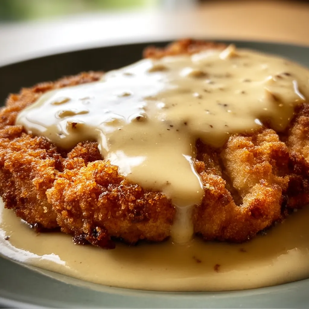 Ein Teller mit Schnitzel und Bratensauce.