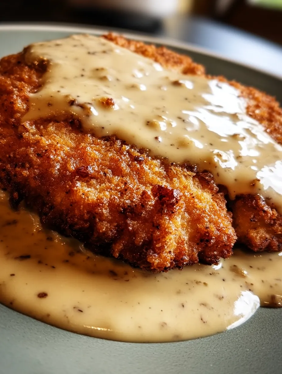 Ein Stück paniertes Steak mit Soße bedeckt.