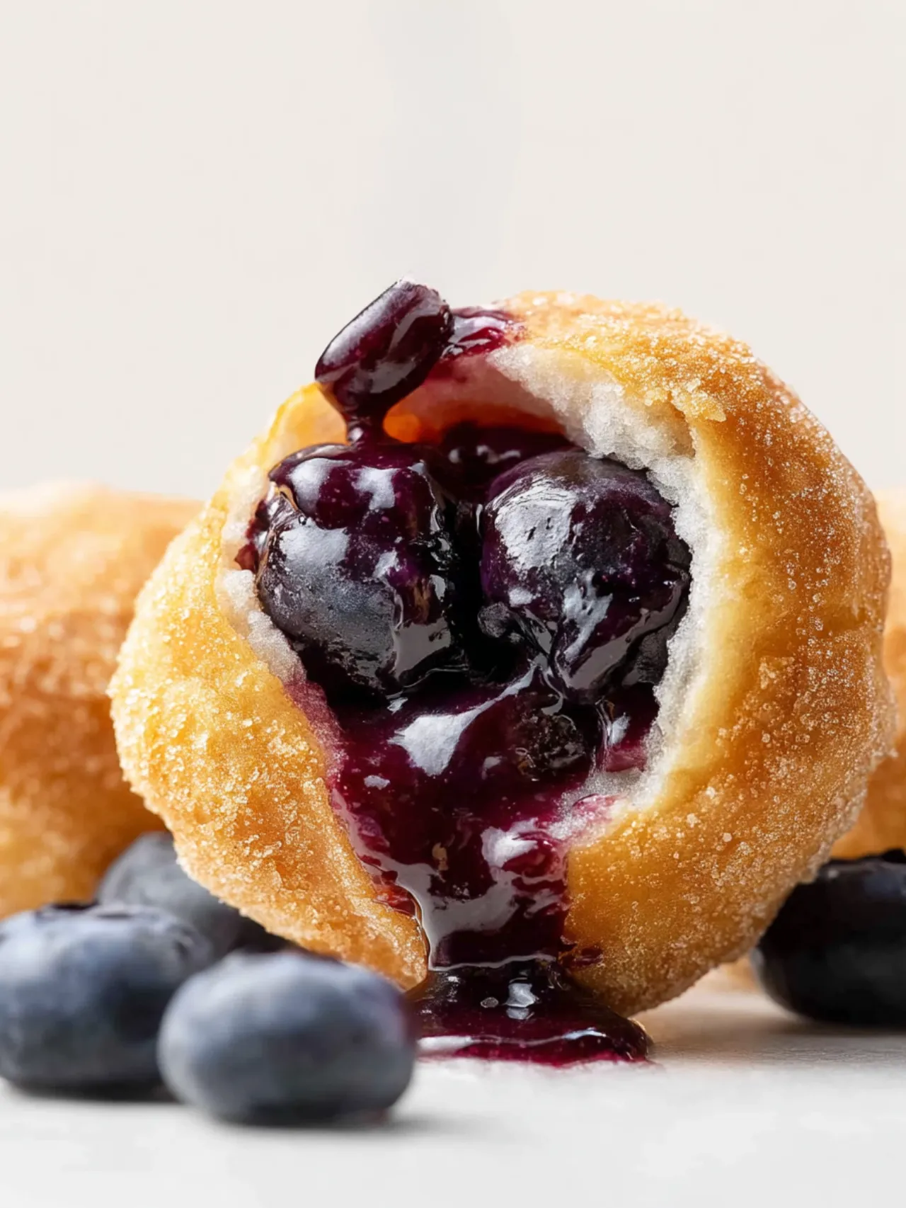 Ein mit Gelee gefüllter Krapfen mit Heidelbeeren obendrauf.