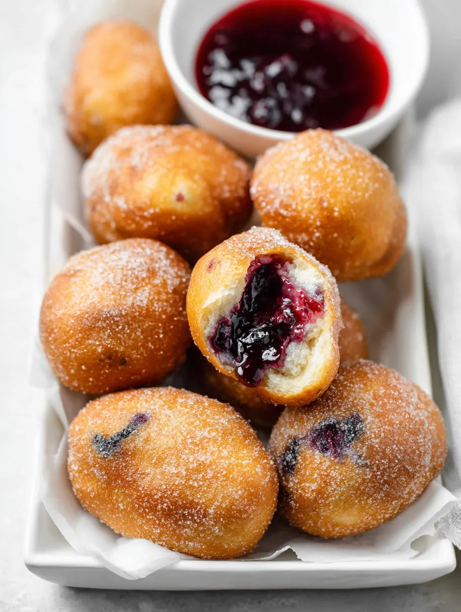 Ein Teller mit gefüllten Krapfen.