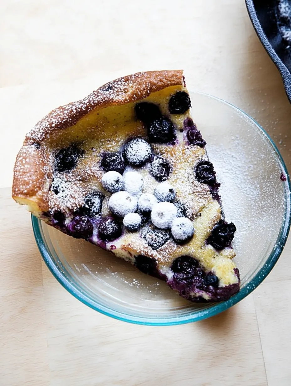 Ein Stück Heidelbeerkuchen mit Puderzucker obendrauf.