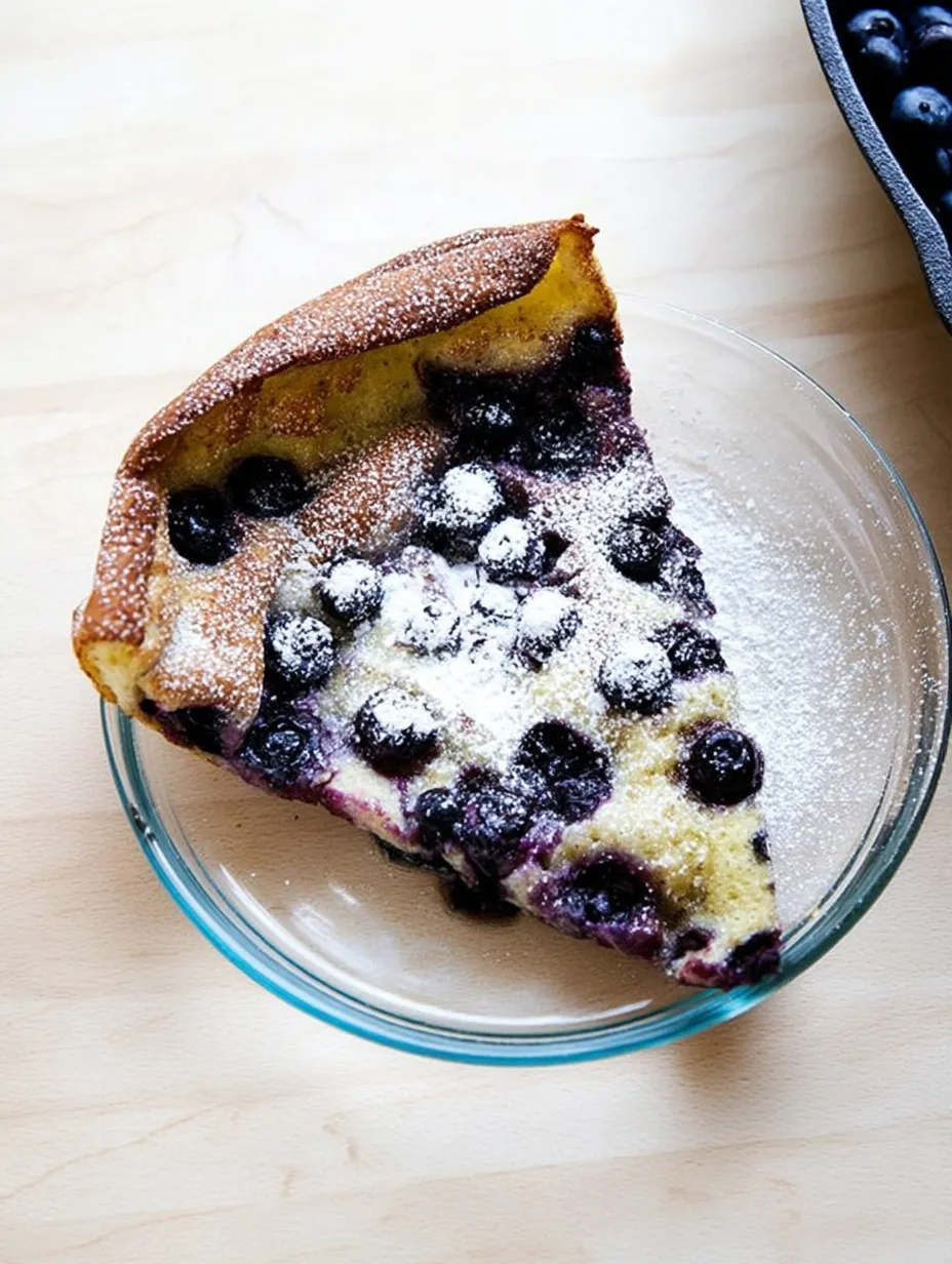 Ein Stück Heidelbeerkuchen mit Puderzucker obendrauf.