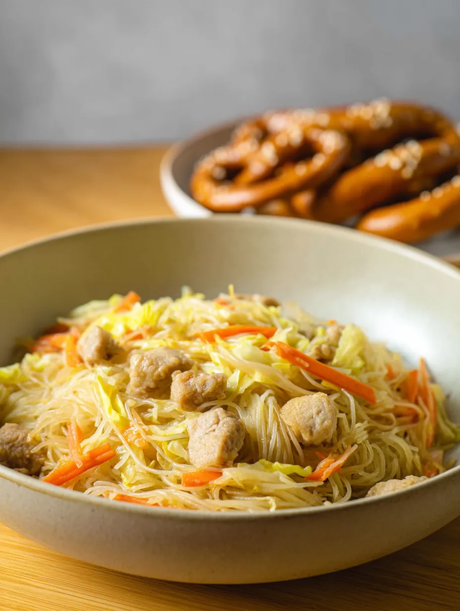 Eine Schüssel Nudeln mit Fleisch und Gemüse.