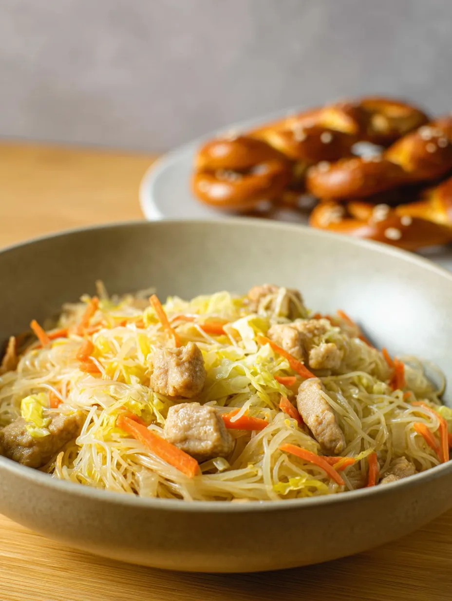 Eine Schüssel Nudeln mit Fleisch und Gemüse.