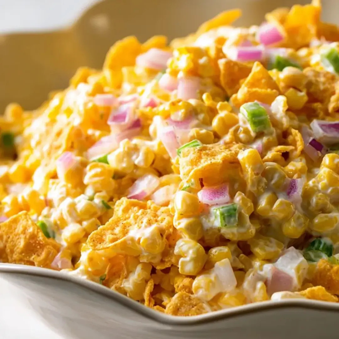 Eine Schüssel mit Nachos, Käse und Mais.