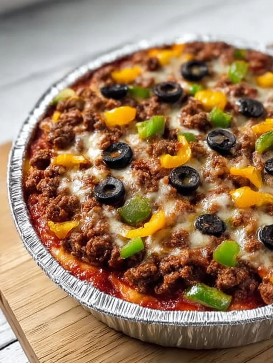 Ein Pizzaschälchen mit Oliven, Paprika und Käse.