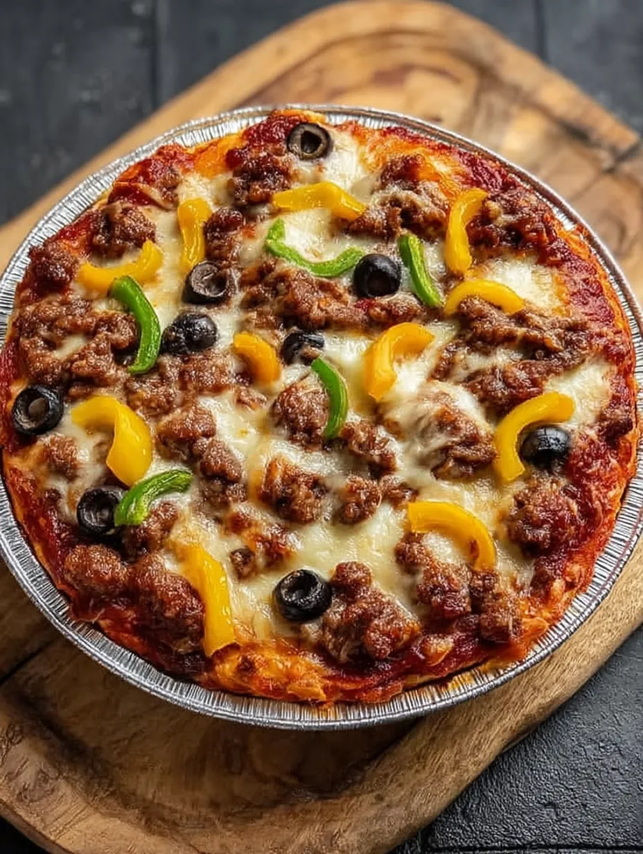 Ein Pizzaschälchen mit Fleisch und Gemüse.