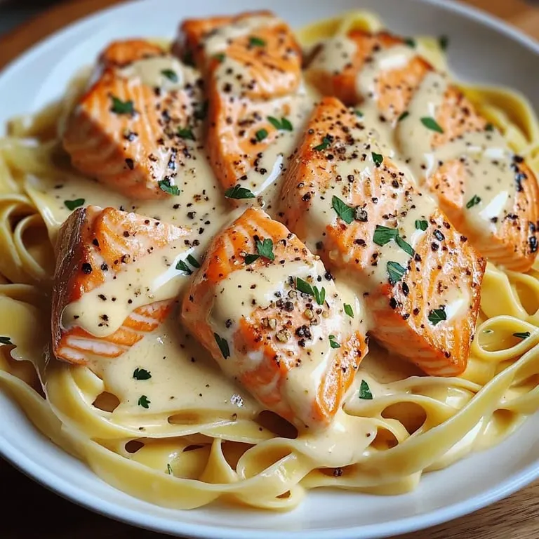 Ein Teller voll Pasta mit Lachs.