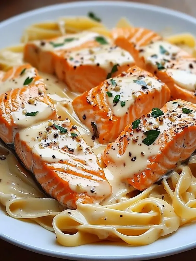 Ein Teller mit Fisch und Pasta.