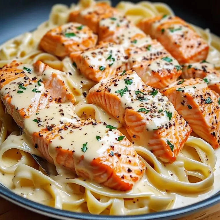 Ein Teller mit Lachs und Nudeln.