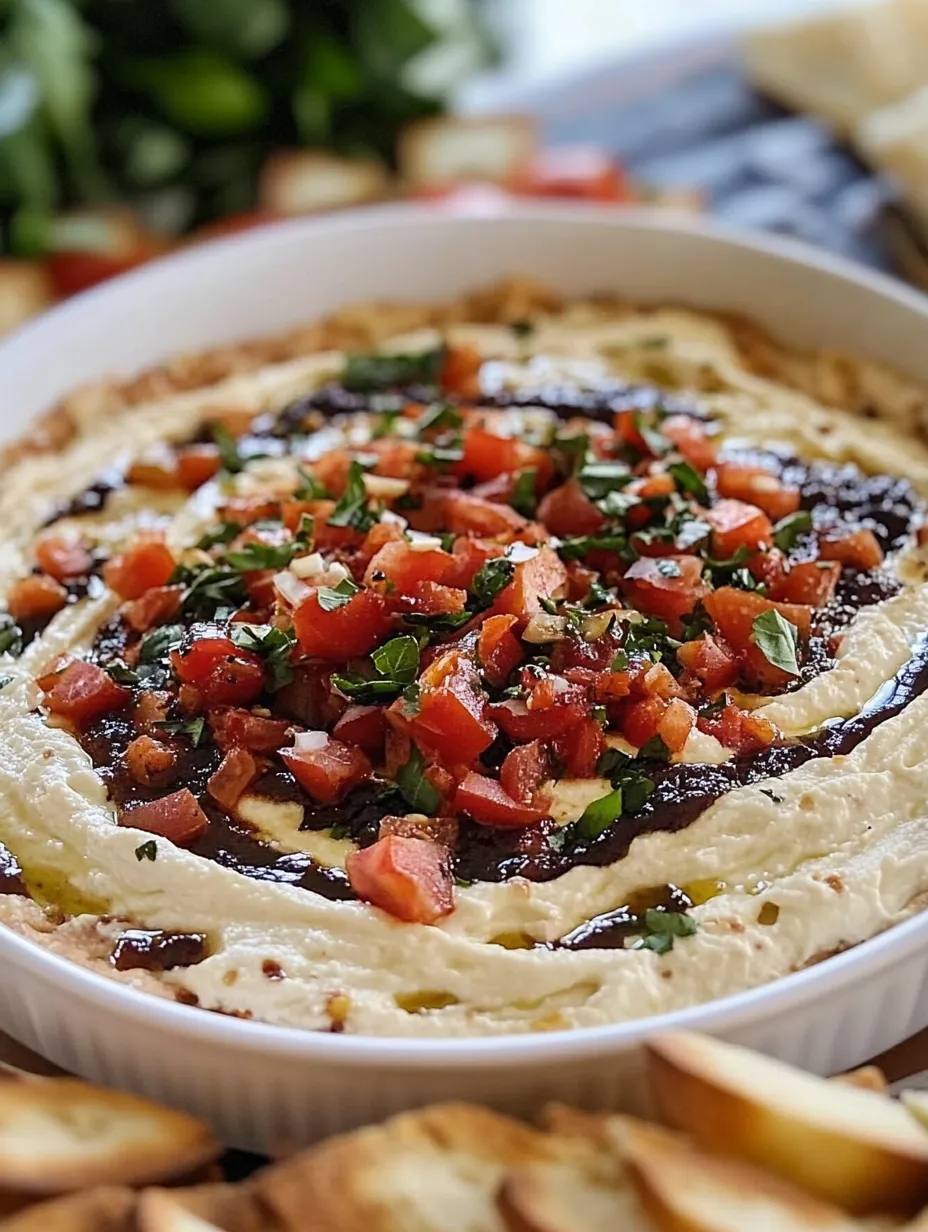 Eine weiße Schale voller Dip und Tomaten.