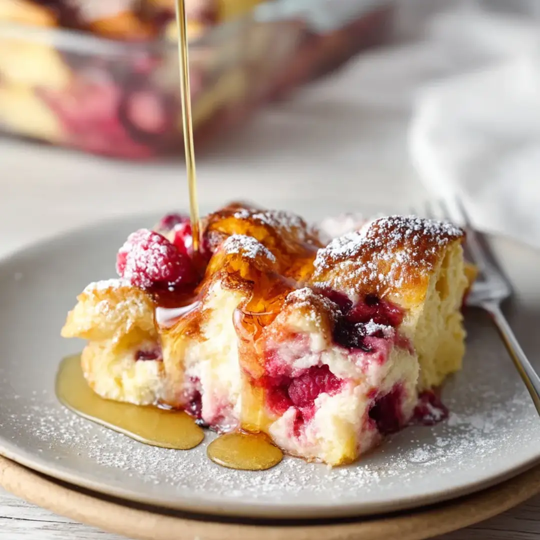 Ein Stück Kuchen mit Himbeeren und Sirup.
