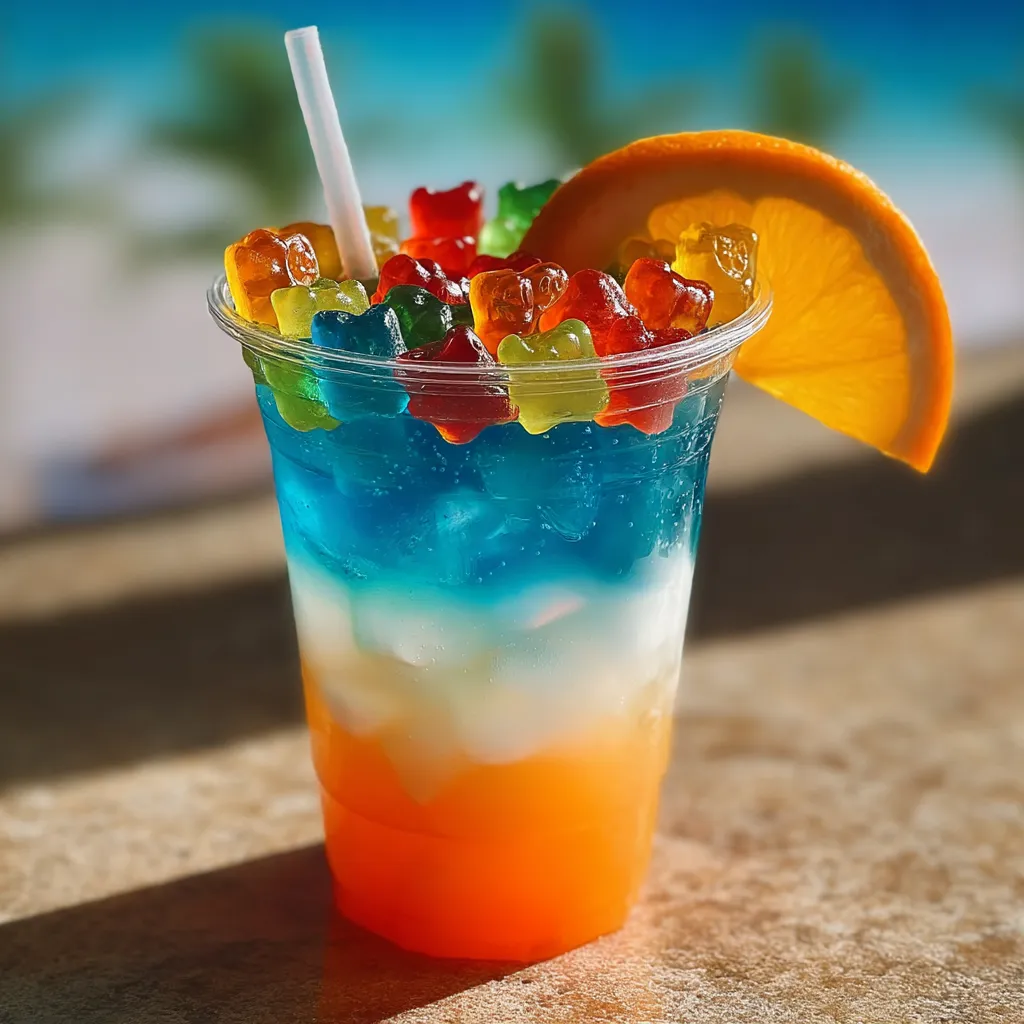 Orangenscheibe schwimmt in buntem Becher.