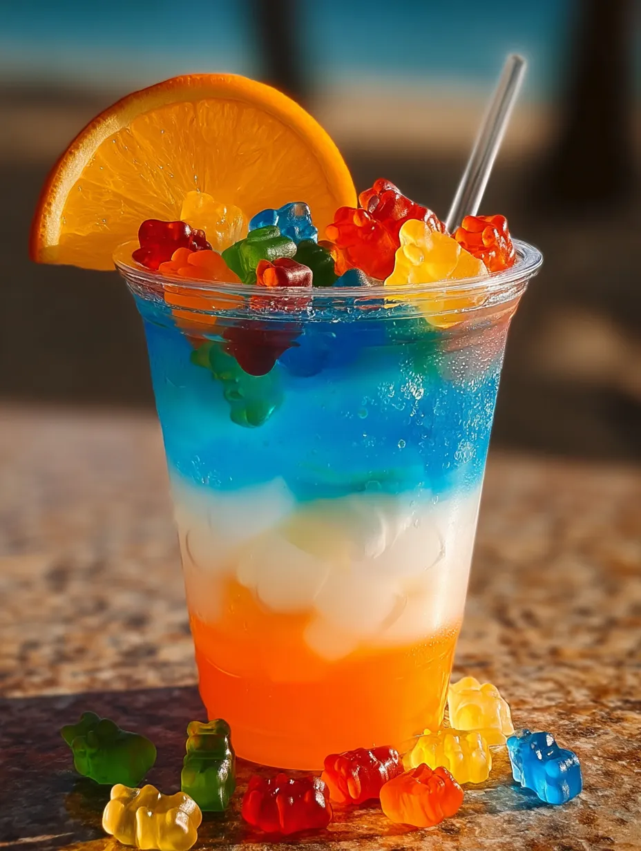Fruchtpunsch im Becher, oben treiben Gummibärchen.