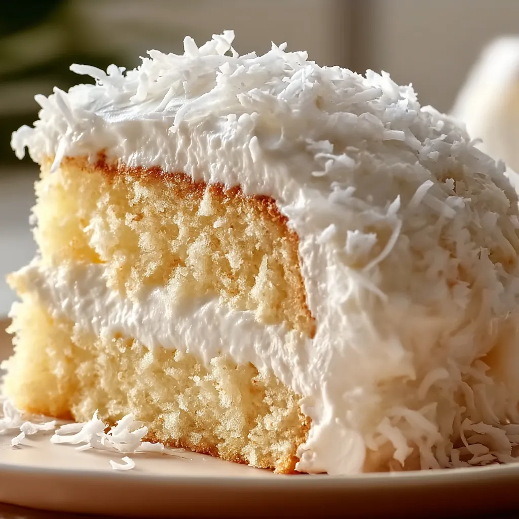 Ein köstliches Stück Kuchen mit weißem Frosting und Kokos obendrauf.
