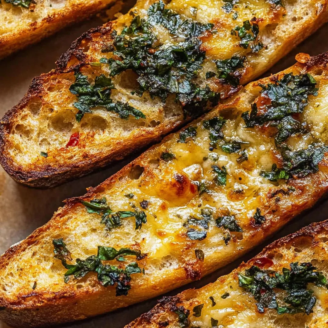 Brot mit Kräutern und geschmolzenem Käse belegt.