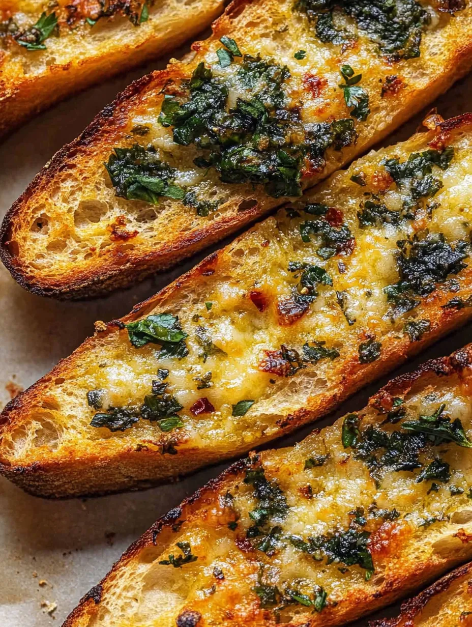 Drei Scheiben Brot mit Käse und Kräutern.