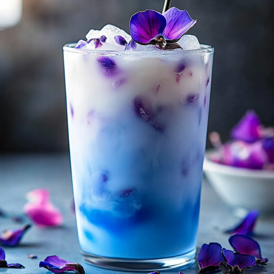 Glas voll mit blauem Latte und violetten Blüten.