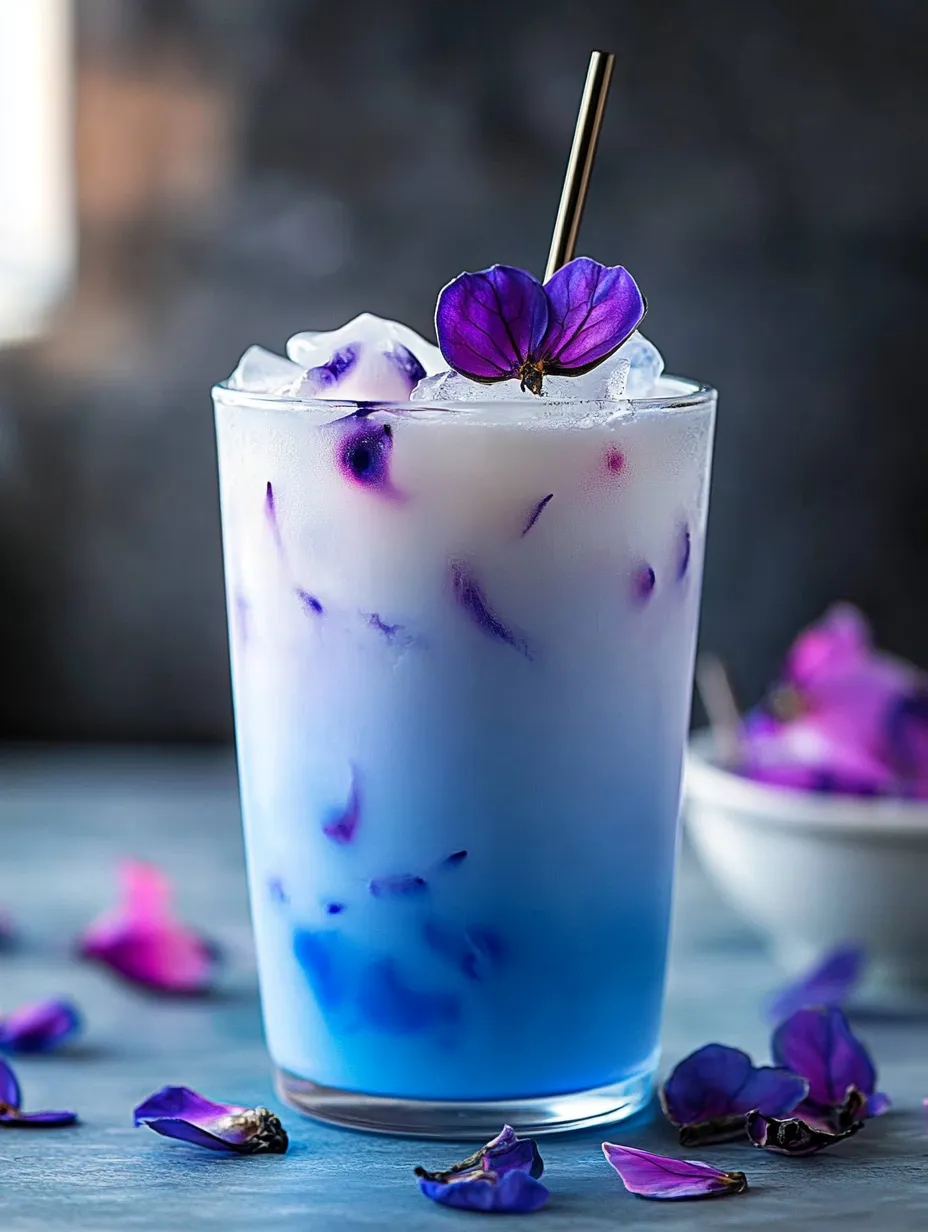 Ein Glas mit blauem Drink und lila Blüten.